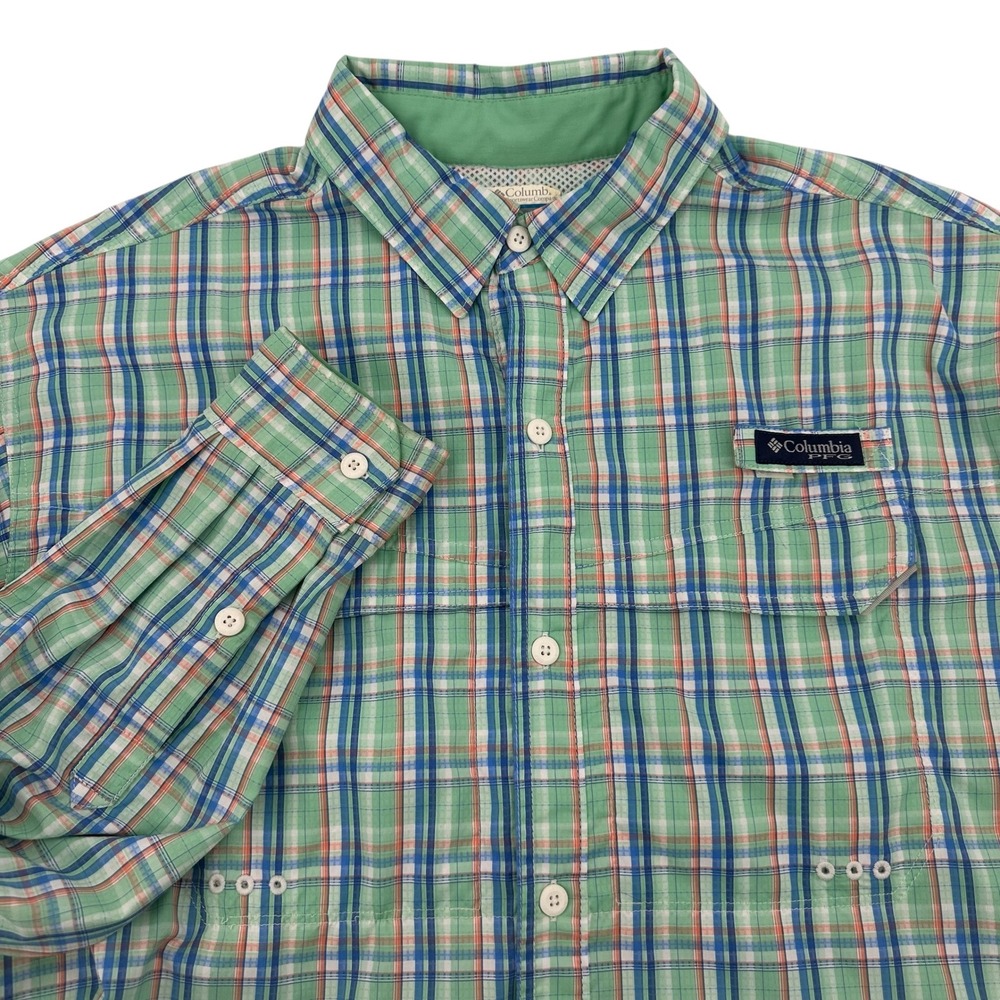 Columbia PFG Fishing Shirt Mens L Green Plaid Long Sleeve Ventilated Button Up
